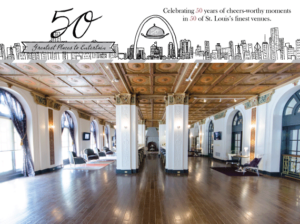 Elegant event space with a high, decorative ceiling, large arched windows, and polished wooden flooring. Tables and chairs are set up around the room. A banner above celebrates 50 years of prominent venues in St. Louis.