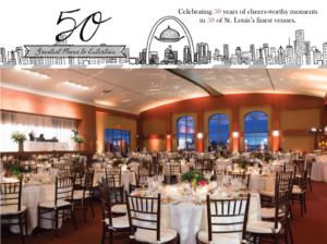 A spacious banquet hall with elegantly set round tables and chairs, ready for a celebration. Above, it reads "50 Greatest Places to Entertain," featuring a city skyline illustration, commemorating 50 years of events in St. Louis.