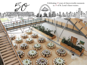 An elegant event space is set with round tables adorned with white and dark purple tablecloths and matching napkins. Above, an illustration celebrates "50 Greatest Places to Entertain" in St. Louis, highlighting the city's venues.