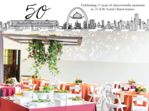 A dining area set for an event with round tables covered in red, orange, and white tablecloths. The tables are adorned with white chairs and various dishes. Above is decorative text celebrating 50 years of entertainment in St. Louis.