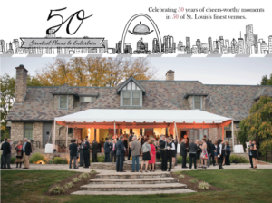 A large group of people in formal attire gather outside a historic stone building with a white tent. Above them, text celebrates 50 years of events in St. Louis, surrounded by illustrations of a city skyline and a cloche with "50" on it.
