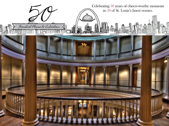 A historic building interior with a circular balcony and columns. The image celebrates 50 years of memorable moments at 50 of St. Louis's venues. Illustrations of a city skyline and an arch are at the top, with text highlighting the occasion.