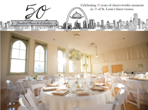 Elegant banquet hall set for an event, featuring round tables with white tablecloths, floral centerpieces, and natural light streaming through arched windows. Text overlay highlights a 50th celebration in St. Louis venues.