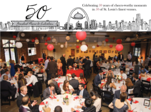 A festive event in a spacious hall with round tables adorned with red and white decor. Attendees in formal attire are seated and mingling under hanging paper lanterns. A banner above reads "50 Greatest Places to Entertain in St. Louis.