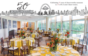 Elegant event space with round tables covered in yellow tablecloths and set with white plates. Chairs are arranged around the tables, each adorned with vibrant floral centerpieces. A large window on the right offers a view of greenery outside.
