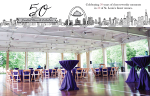 A decorated event space with round tables covered in purple tablecloths and wooden chairs. The top graphic celebrates "50 Greatest Places to Entertain" in St. Louis, featuring a city skyline illustration and festive text.