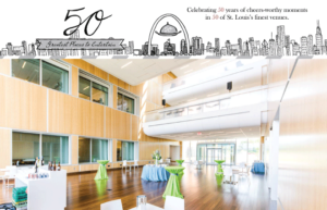 A modern, spacious event venue with wood-paneled walls and large windows. Tables with green and white cloths are set up, surrounded by high chairs. An illustration at the top shows a city skyline and text celebrating St. Louis venues.