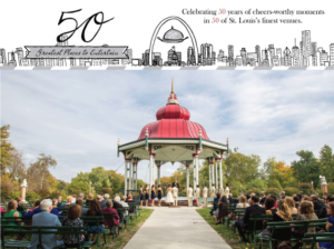 A red-roofed gazebo hosts a wedding ceremony in a park, surrounded by seated guests. The top of the image has a "50" graphic with cityscape illustrations and text celebrating 50 years of events in St. Louis' finest venues.