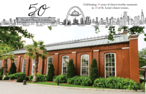 A large brick building with arched windows, surrounded by lush greenery and palm trees. Above, a skyline illustration features the number 50 and a message celebrating St. Louis venues.