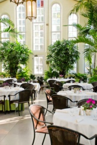Bright and airy restaurant with large windows, white tablecloths, wicker chairs, and vibrant green plants. Purple and pink flowers adorn each table, creating a fresh and inviting atmosphere.