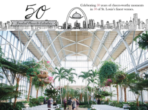 An indoor garden venue with high glass ceilings and lush greenery. White chairs are arranged for an event. Overlaid text highlights a 50th celebration in St. Louis venues. Skyline and arch illustrations are included at the top.