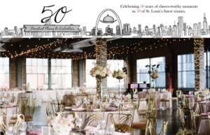A beautifully decorated event space with round tables set up for dining. String lights hang from the ceiling, and elegant floral centerpieces adorn each table. The image also features text celebrating 50 years of special moments in St. Louis venues.