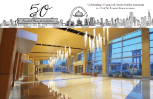 A spacious indoor venue with tall windows and modern hanging lights in St. Louis. An illustrated city skyline is on top with text celebrating "50 Greatest Places to Entertain" in St. Louis.