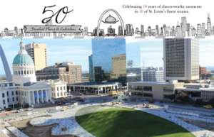 A cityscape of St. Louis featuring historic and modern buildings. The foreground shows a green open space, and an illustration of a skyline is above with text celebrating St. Louis's 50 entertainment venues.