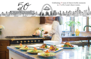 A person preparing plates of food in a kitchen, with a variety of dishes laid out on a counter. The top of the image features decorative text and illustrations celebrating 50 years of events in St. Louis venues.