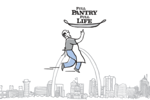 Illustration of a person jumping joyfully with a spoon, wearing an apron, above a skyline. The text "FULL PANTRY FULL LIFE" appears above them. The sketched cityscape includes various buildings and landmarks.