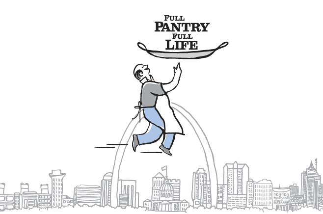 Illustration of a person jumping joyfully with a spoon, wearing an apron, above a skyline. The text "FULL PANTRY FULL LIFE" appears above them. The sketched cityscape includes various buildings and landmarks.
