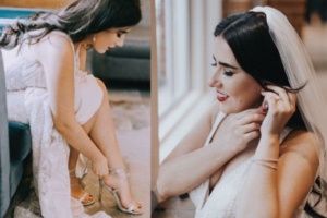 A bride with long dark hair adjusts her veil and earrings while sitting by a window in a white wedding dress. In another shot, she is seated, fastening the straps of her silver high-heeled sandals.
