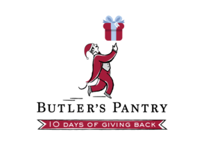 Logo of Butler's Pantry featuring a whimsical butler in red juggling a gift box above his hand. Below, a ribbon reads "10 Days of Giving Back.
