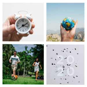 A collage of four images: a hand holding a small white alarm clock, a hand holding a small globe, a man and woman jogging with a dog on grass, and the numbers "2020" with paper fragments around them.