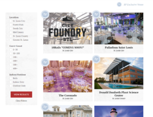 A webpage displays wedding venues in St. Louis City, including 18Rails, Palladium Saint Louis, The Coronado, and Donald Danforth Plant Science Center. Each venue has an image with a brief description. A filter menu on the left allows sorting by various criteria.