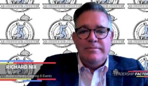 A person wearing glasses and a dark blazer is in front of a background featuring the logo of Butler's Pantry. Text on the image reads: "Richard Nix, President, Butler's Pantry Catering & Events" and "Leadership Factory.