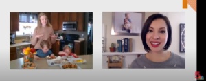 A mother in a kitchen talks while her two children eat beside her. On the right, a woman appears in a video call, smiling with a bookshelf in the background. The bottom corner has a logo with "5 on your side.