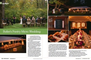 A collage of a micro wedding in a forest setting. Images include an outdoor ceremony, a decorated tent with string lights, a table setting with candles and flowers, and a menu. Guests are seated at the event. Text reads "Butler's Pantry Micro Wedding.