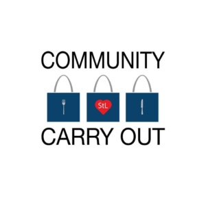 Logo with the text "Community Carry Out" above and below three shopping bags. The first bag shows a fork, the middle has a heart with "StL" inside, and the last bag displays a knife.