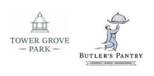 Logos for Tower Grove Park and Butler's Pantry. Tower Grove Park features a gazebo icon above its name; Butler's Pantry has a waiter holding a serving platter above its name, with the tagline "Catering - Dining - Entertaining" below.