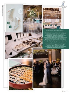 A collage showcasing an elegant wedding scene: high-heeled shoes, a beautifully set dining table, dessert trays, a platter of sushi, and a couple dancing in a dimly lit reception hall.