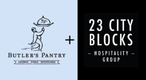 Illustration of a butler carrying a covered dish next to the text "BUTLER'S PANTRY" with "Catering - Dining - Entertaining" below, alongside "23 City Blocks Hospitality Group" on a black background.
