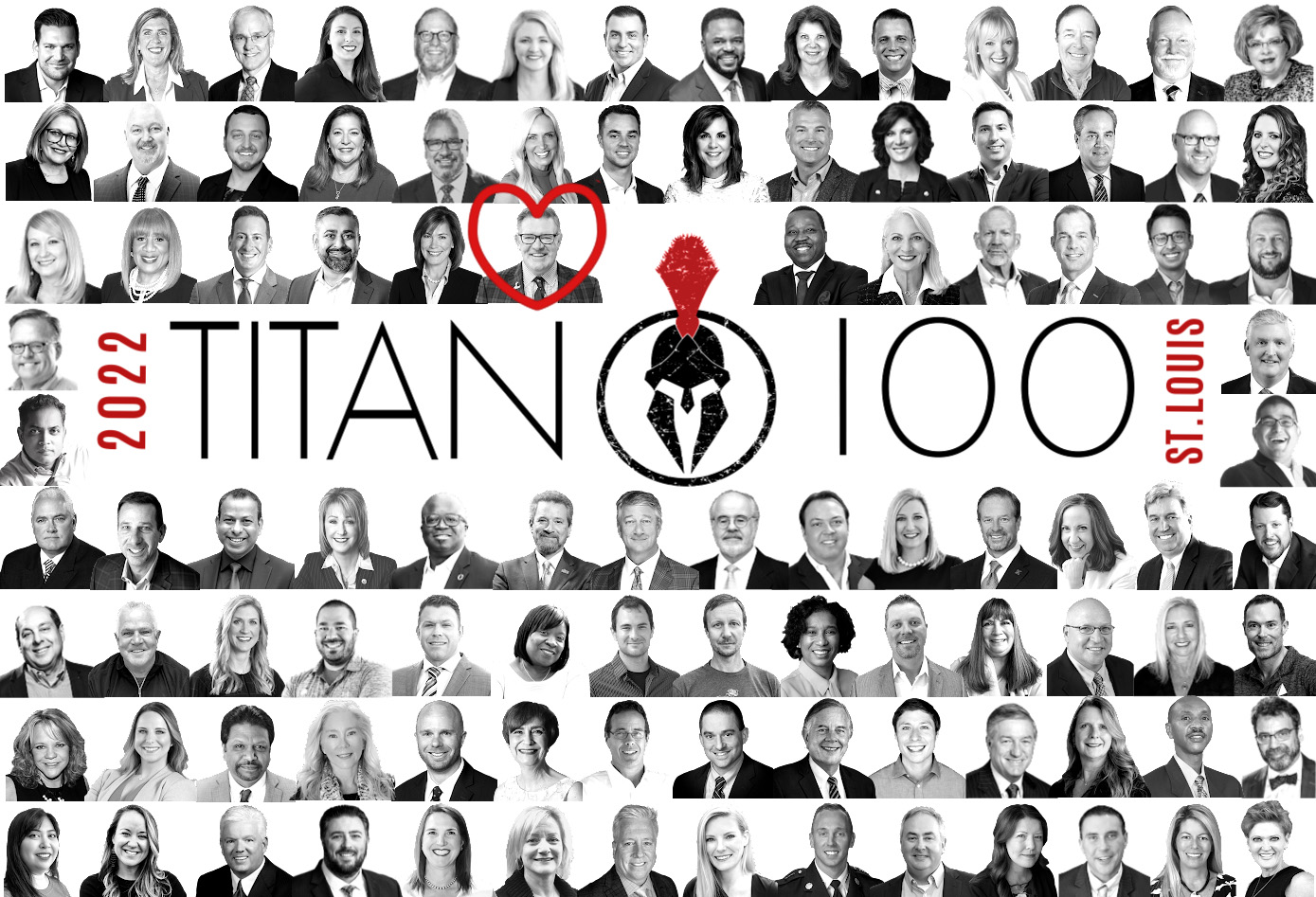 Collage of grayscale portraits featuring numerous individuals with a logo and bold text overlay that reads "2022 TITAN 100 ST. LOUIS." A red heart highlights one person's photo in the top row.