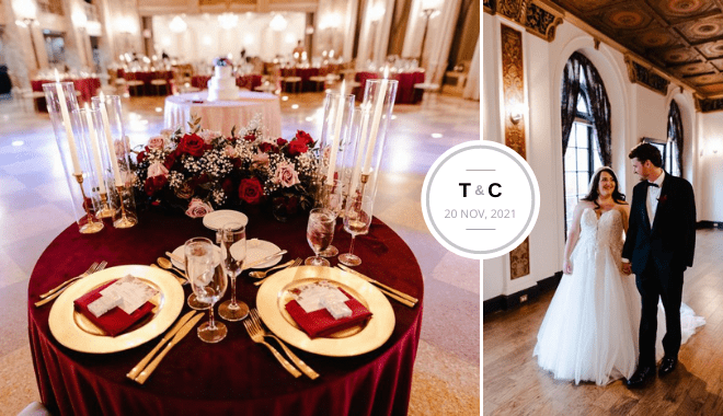 A decorated wedding reception table with red and gold accents, featuring floral arrangements and tall candles. To the right, a couple in wedding attire stand indoors. An emblem reads "T&C, 20 Nov, 2021.