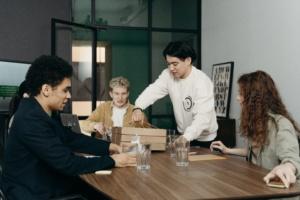 Office lunch delivery in a conference room