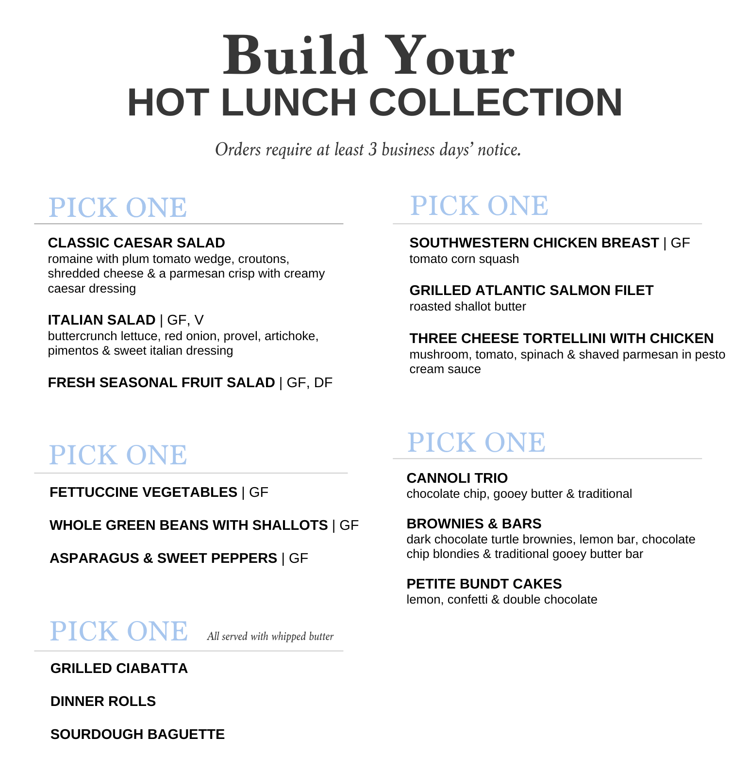A menu offering various lunch options including salads, main courses, sides, breads, and desserts.