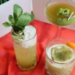 Three cocktails garnished with mint, foam, and citrus sit on a red tablecloth with a green grass backdrop.