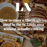 A Thanksgiving meal with turkey, gravy, side dishes, and candles on a table, overlaid with article text.