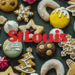 Assorted decorated cookies on a dark surface with "St. Louis" written in red text across the image.