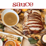 Sliced roast turkey, gravy, green bean casserole, dips, and candles on a festive table with "sauce" text above.